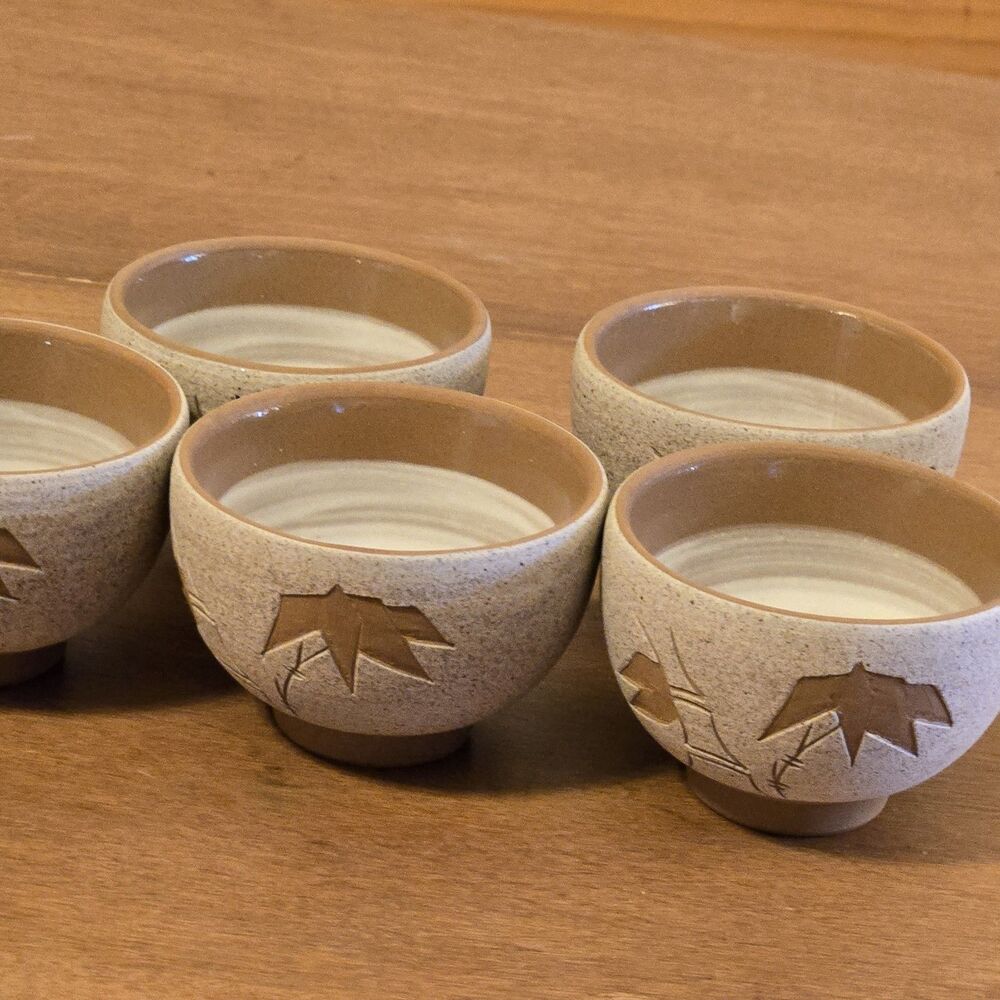 Lot Of 5, Japanese Tea Cups, Two-tone Leaf Stoneware, Tu Yun / Earth Pottery Art